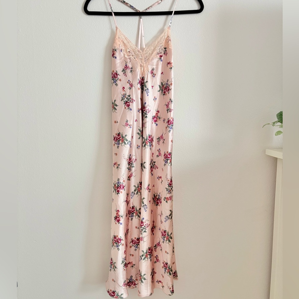 Vintage Pink Lace Trimmed Floral Nightgown Midi Dress